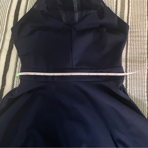 B Darlin Fit & Flare Halter Mini Dress sz 1/2 Navy Blue Mesh Cutout Party Dress - Picture 14 of 16